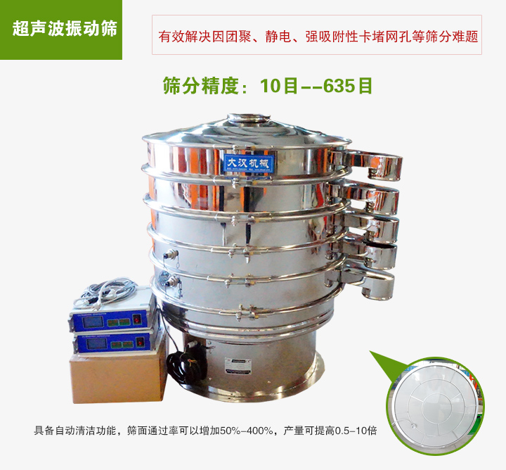 超聲波振動篩具備自動清潔功能，篩面通過率可以增加50%-400%，產量可提高0.5-10倍