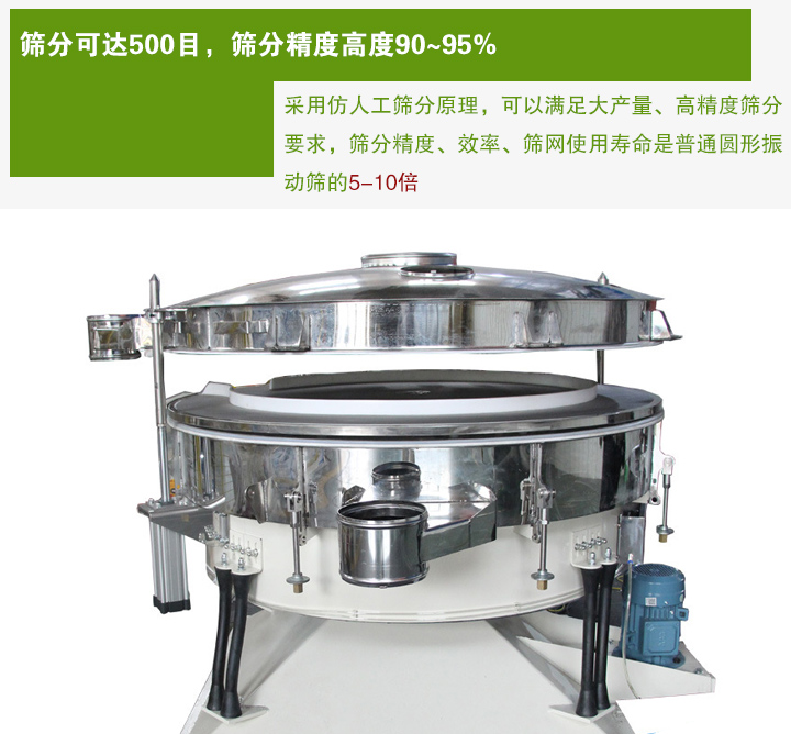 搖擺篩分機采用仿人工篩分原理，可以滿足大產(chǎn)量、高精度篩分 要求，篩分精度、效率、篩網(wǎng)使用壽命是普通圓形振 動篩的5-10倍