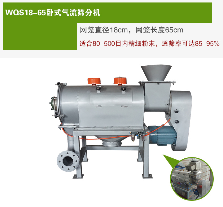 WQS18-65臥式氣流篩分機網(wǎng)籠直徑為18cm，網(wǎng)籠長度為65cm